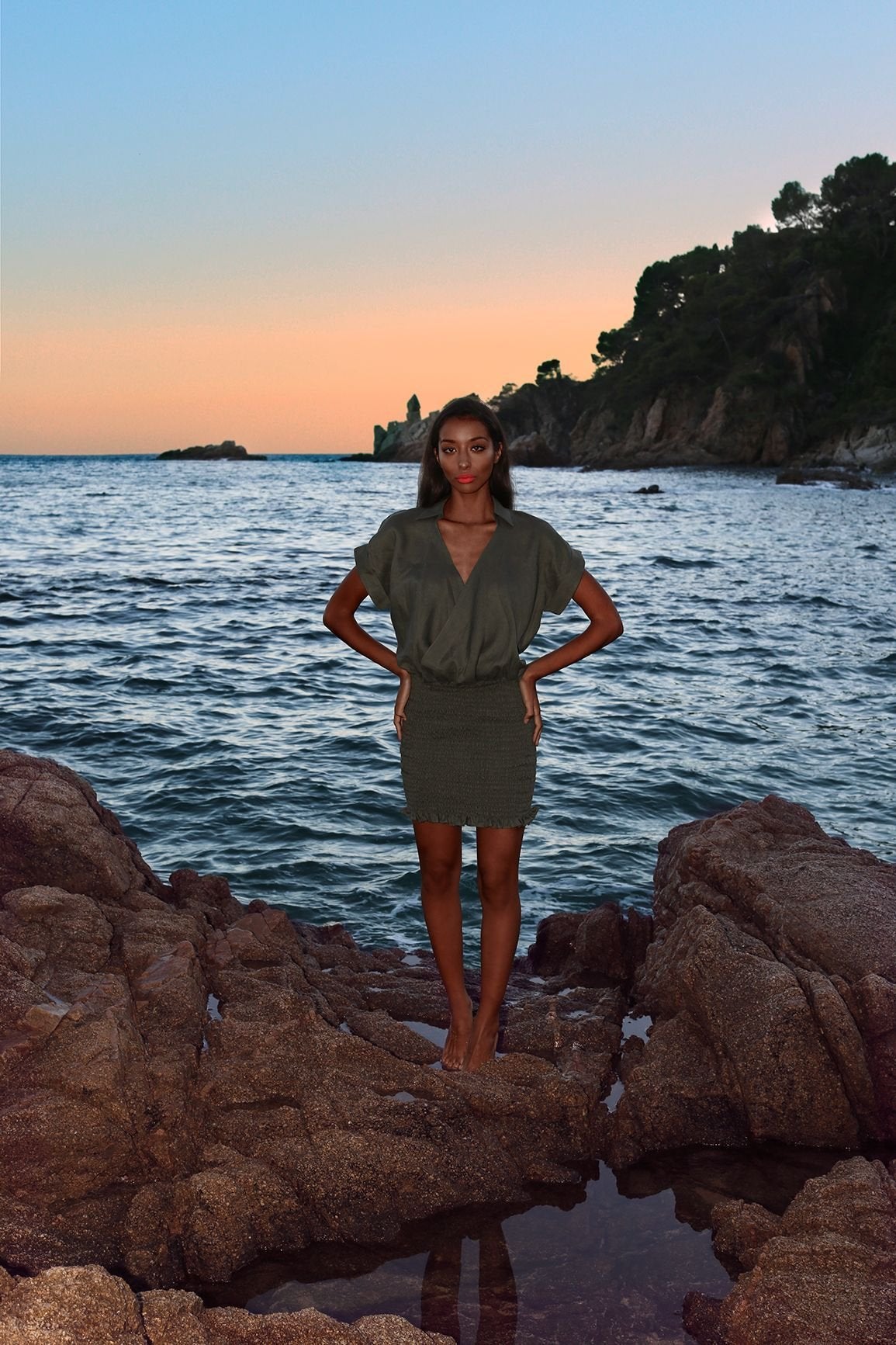 Green linen ruched wrap dress with a V-neck and short sleeves.