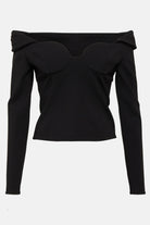 Elegant off shoulder black top with dramatic neckline.