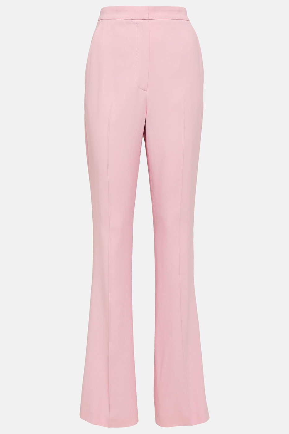 Pastel pink women’s trousers with fitted waistband and bell-bottom silhouette.