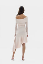 Angelina Stretch Tulle Asymmetric Dress in pink with a unique neckline.