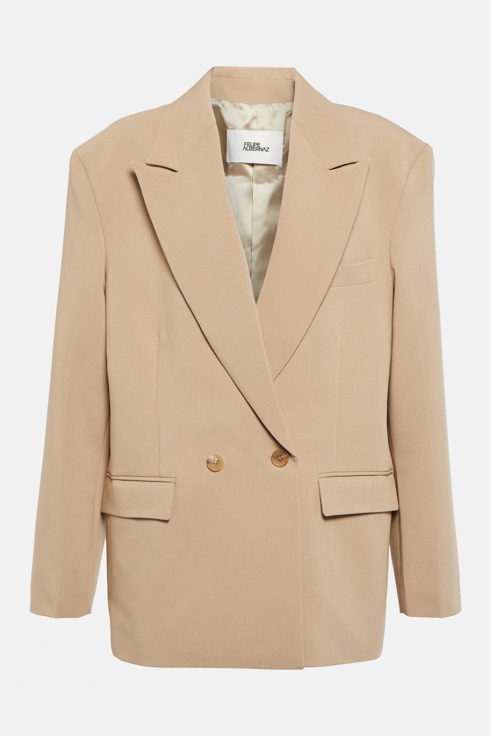 Neutral relaxed blazer in beige with padded shoulders and peak lapels for a stylish look.