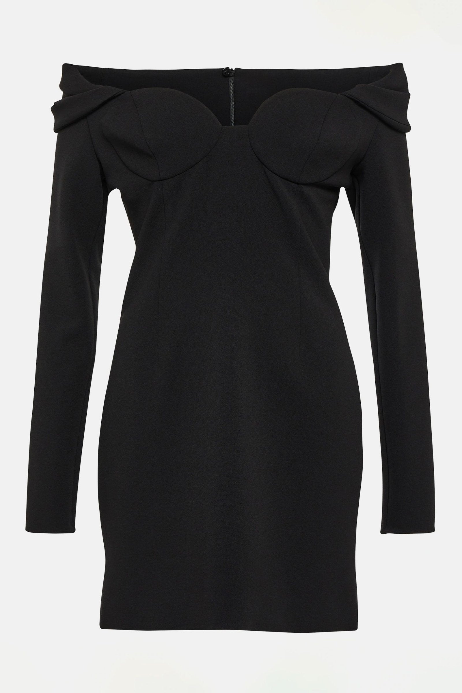 Stylish off shoulder black mini dress with long sleeves.