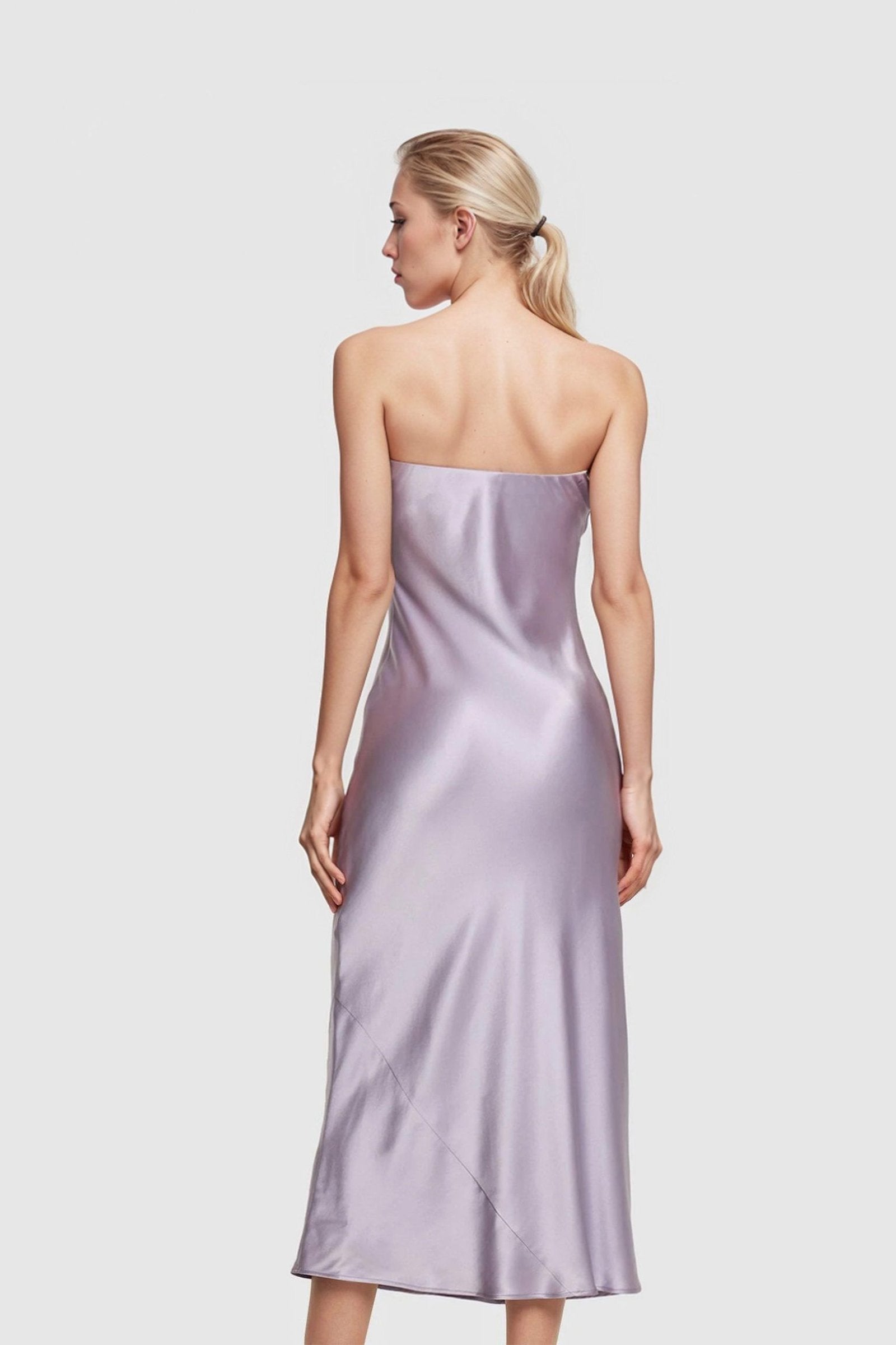 Purple satin strapless dress with chic A-line fit