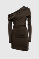 Stylish fitted minidress with asymmetrical neckline, perfect for evening events.