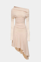 Elegant midi-length tulle dress featuring long sleeves and asymmetric design.