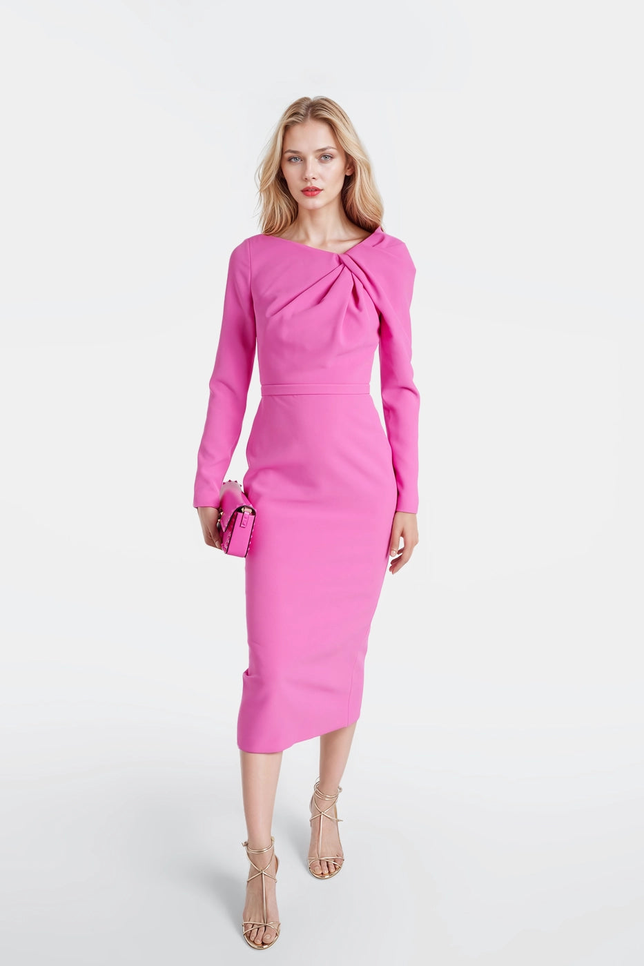 Daisy Pink Midi Dress featuring an asymmetric neckline and cinched waist.