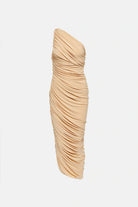 Elegant one shoulder midi dress in beige fabric.