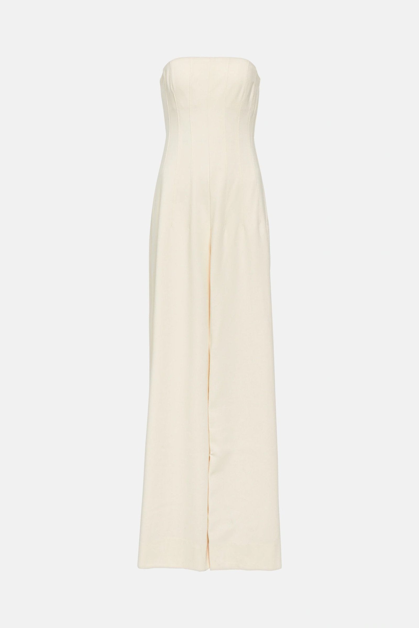 Elegant strapless off white jumpsuit with wide legs.