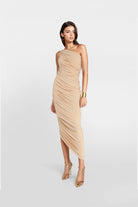 Stylish beige midi dress with a fitted silhouette.