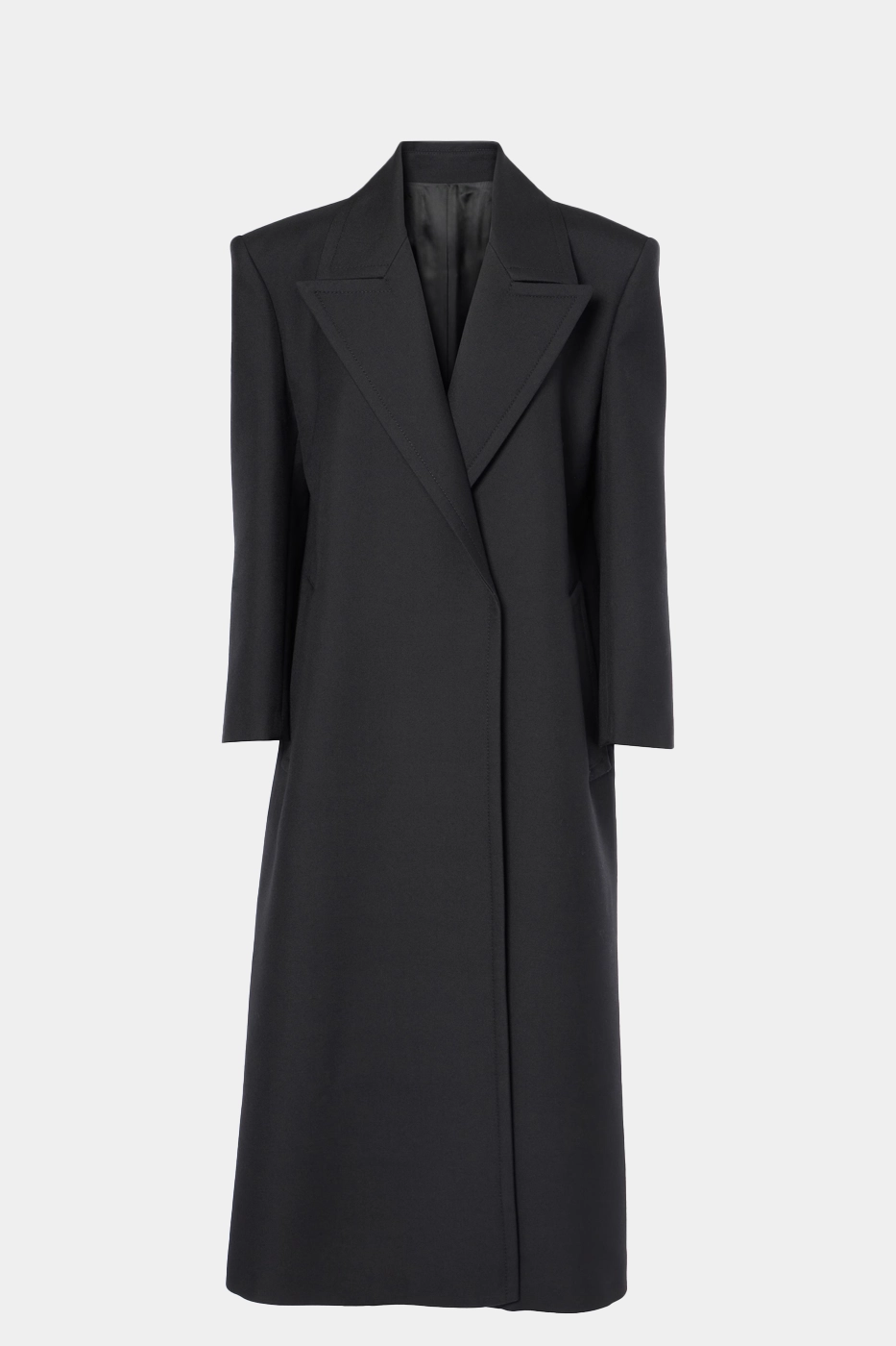 Stylish women's black coat with functional front pockets and long sleeves, made from high-quality virgin wool.