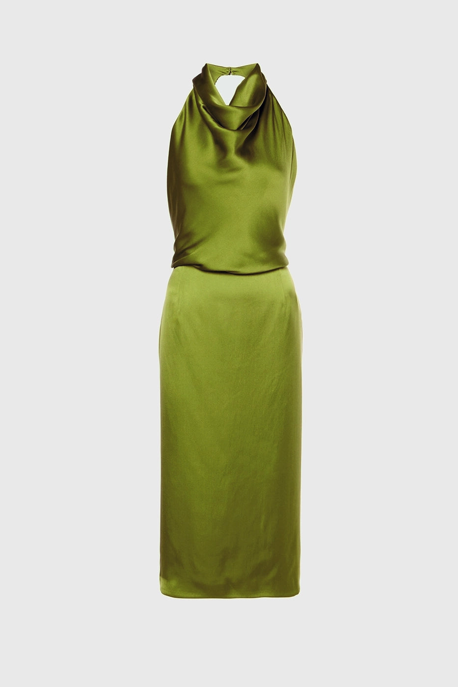 Elegant fitted midi dress with a back zip closure crafted from silk satin.