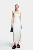 Lucy Linen Midi Dress in off-white featuring a draped bustier design for an elegant look.