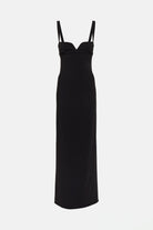 Open back black maxi dress featuring a square neckline and elegant silhouette.