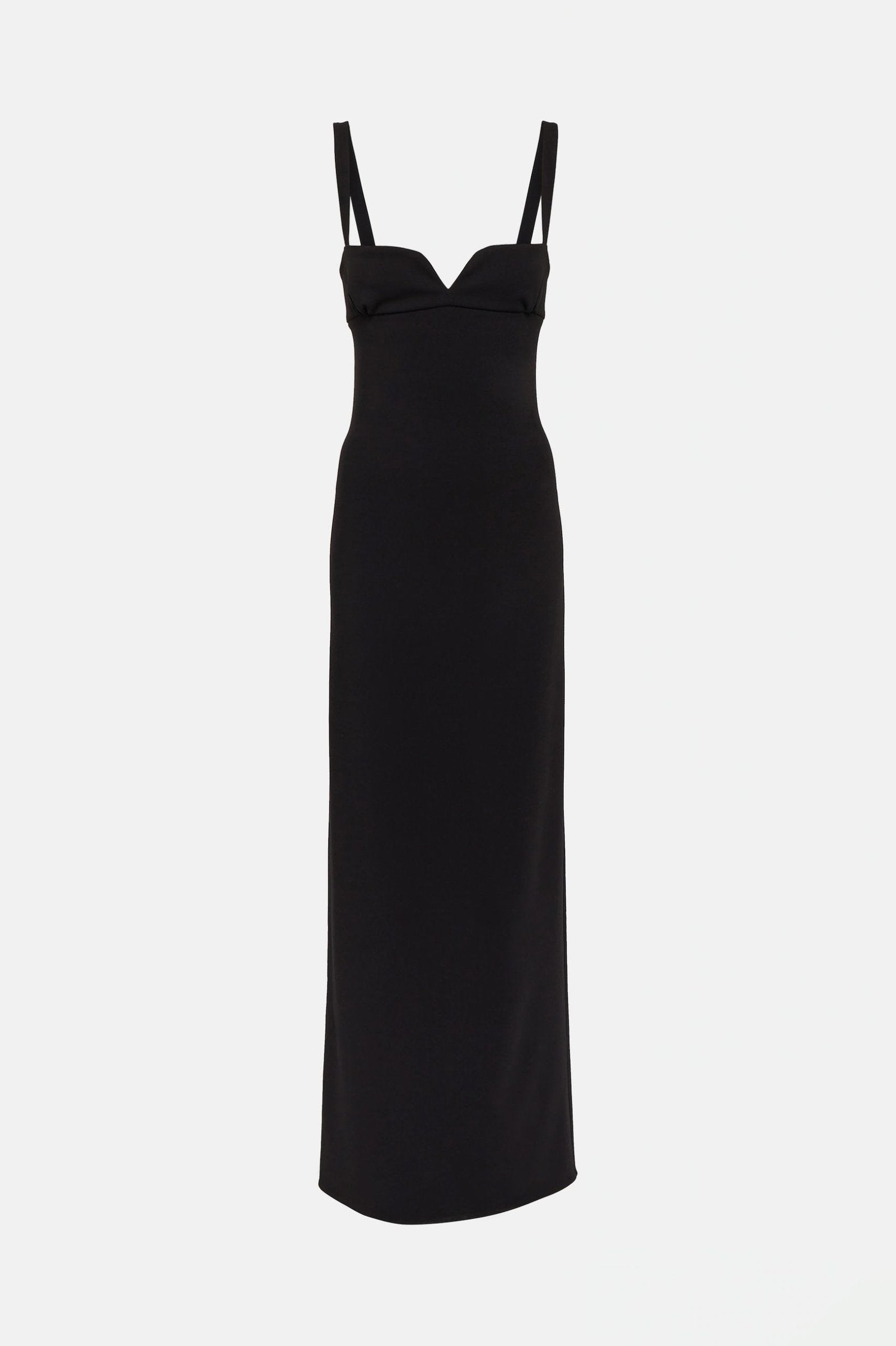 Open back black maxi dress featuring a square neckline and elegant silhouette.