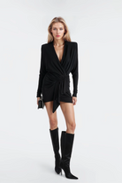 Lucy Black Draped Dress featuring V-neck and stylish shoulder pads.