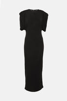 Elegant black ruched jersey midi dress with fitted silhouette.