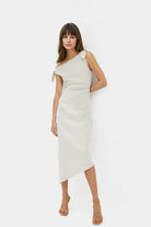 Lauren Linen Maxi Dress featuring a draped asymmetrical neckline for elegant summer styling.