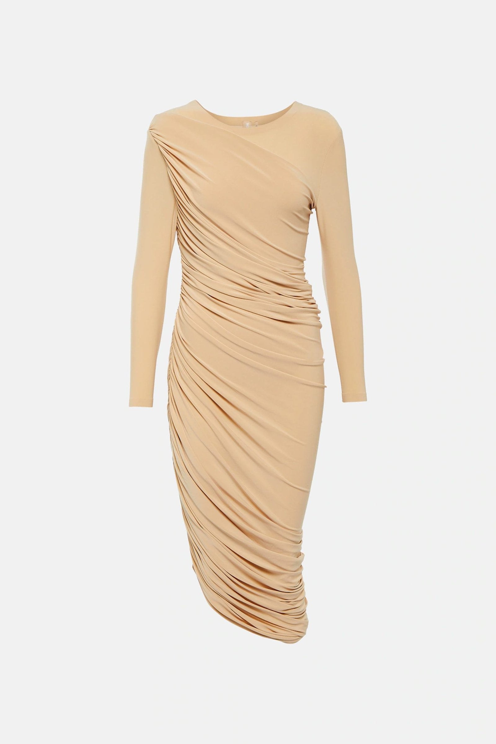 Elegant Asymmetric Ruched Dress in beige.