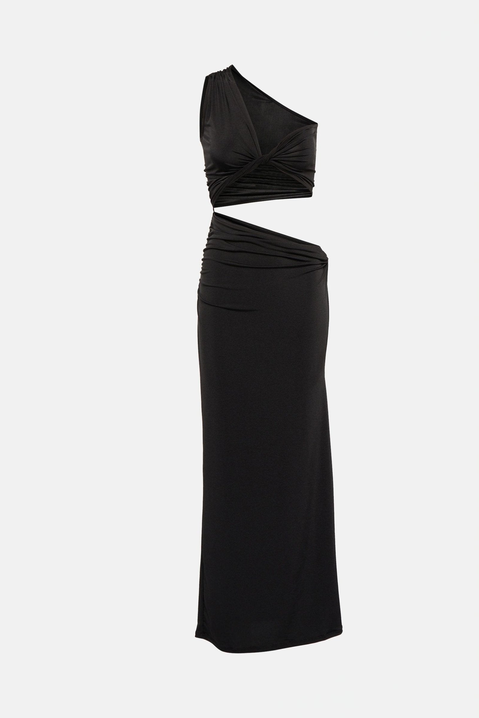 Elegant one-shoulder long black dress with a dramatic cutout.