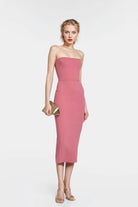 "Camila Pink Midi Bustier Dress featuring a bardot neckline and elegant silhouette."