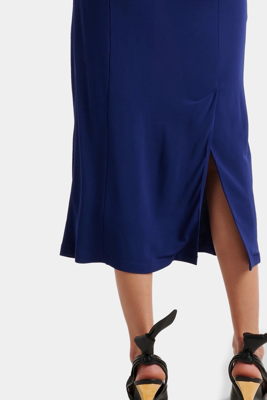 Ayla Crepe Midi Dress in royal blue with elegant drapes and a one-shoulder design.