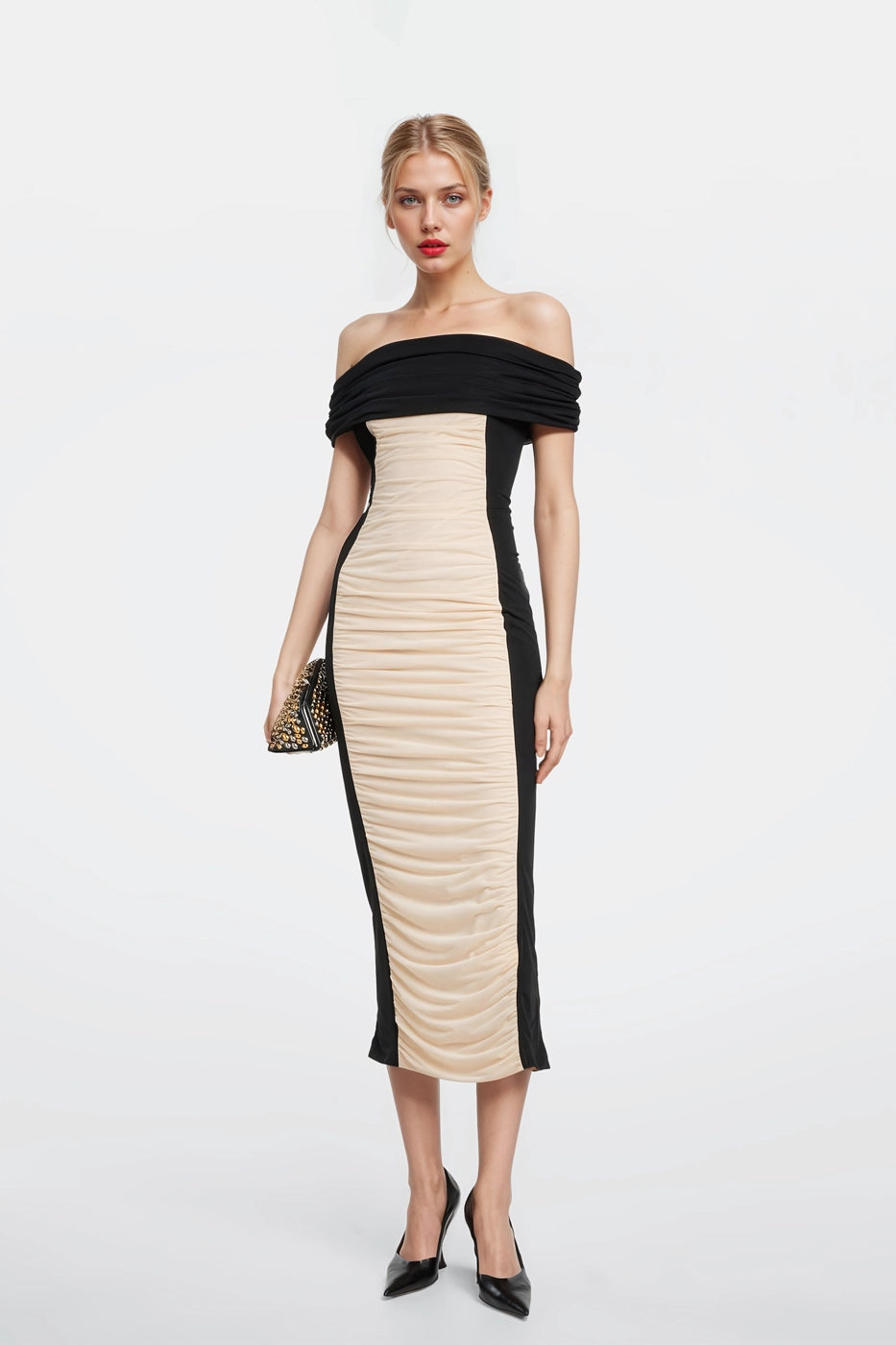 Grace Shirred Black and Beige Midi Dress with elegant bardot-cut and gathered design.