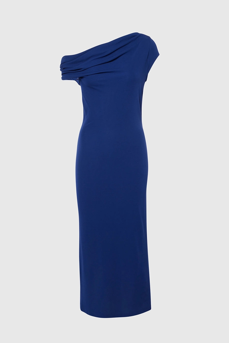 Fitted royal blue midi dress featuring an asymmetrical neckline, perfect for evening events.