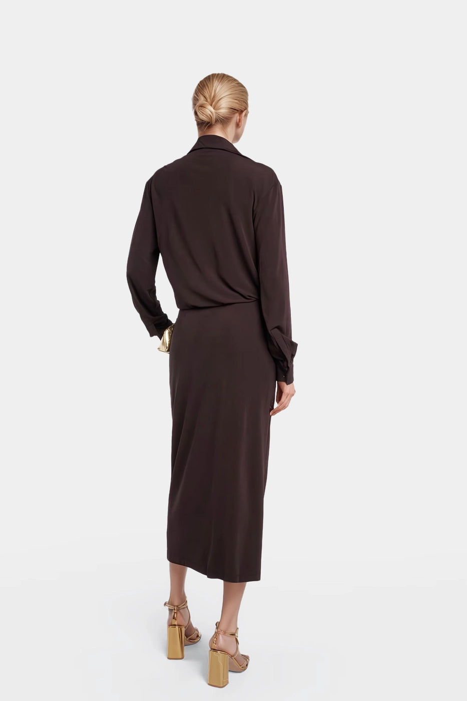 Elegant brown wrap midi dress with a cinched waist.