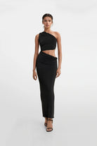 Fitted black jersey dress featuring an asymmetric skirt and ruching.