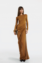 Cora Ruched Jersey Maxi Dress featuring a flattering crow neckline and long sleeves, perfect for casual and formal occasions.