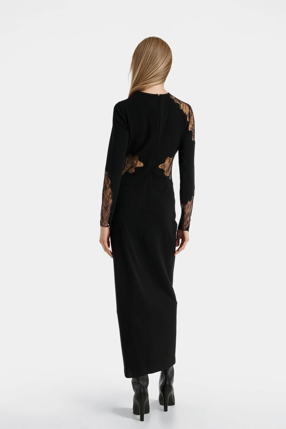 Cora Lace Crepe Maxi Dress in black featuring intricate lace appliqués and elegant cutout details.