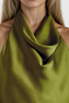 Stunning olive green dress perfect for formal events and special occasions.