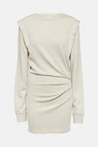 Chic ruched beige mini dress made from organic cotton.