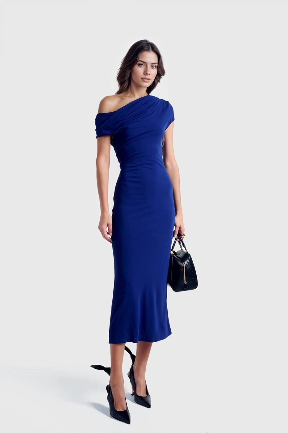 Ayla Crepe Midi Dress in royal blue with elegant drapes and a one-shoulder design.