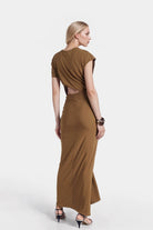 Luna Twisted Lever Jersey Maxi Dress in brown with a stylish cutout design.