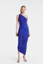 Lisa royal blue one-shoulder short dress with ruched details.