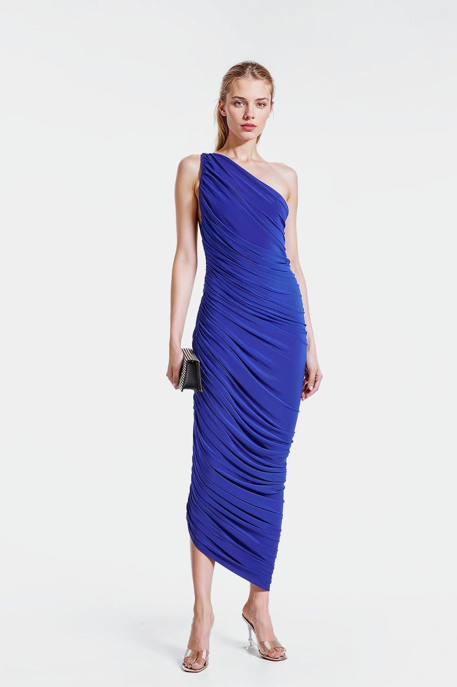 Lisa royal blue one-shoulder short dress with ruched details.