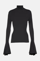 Elegant black Ruffled Turtleneck Jersey Top with ruffled sleeves.