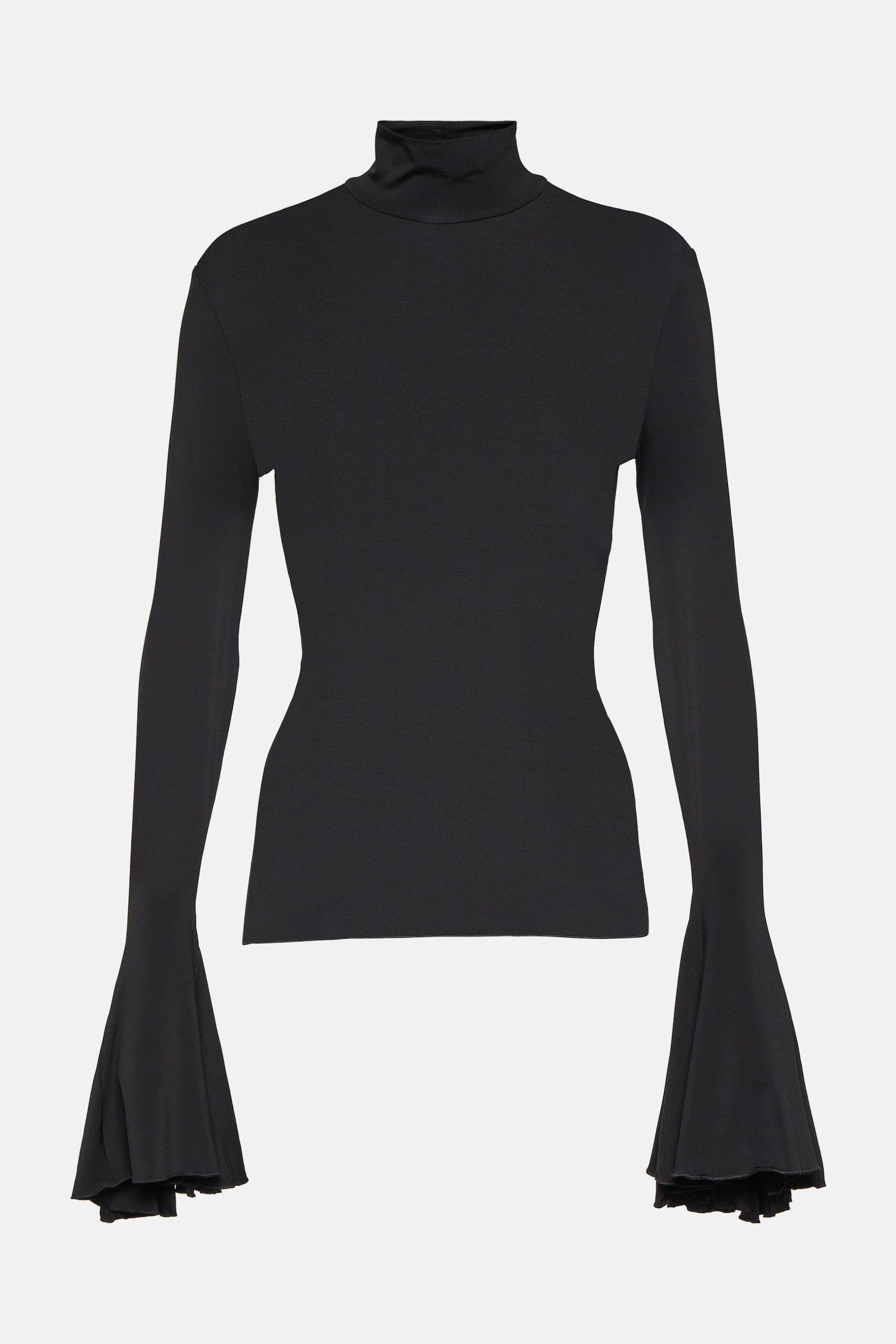 Elegant black Ruffled Turtleneck Jersey Top with ruffled sleeves.