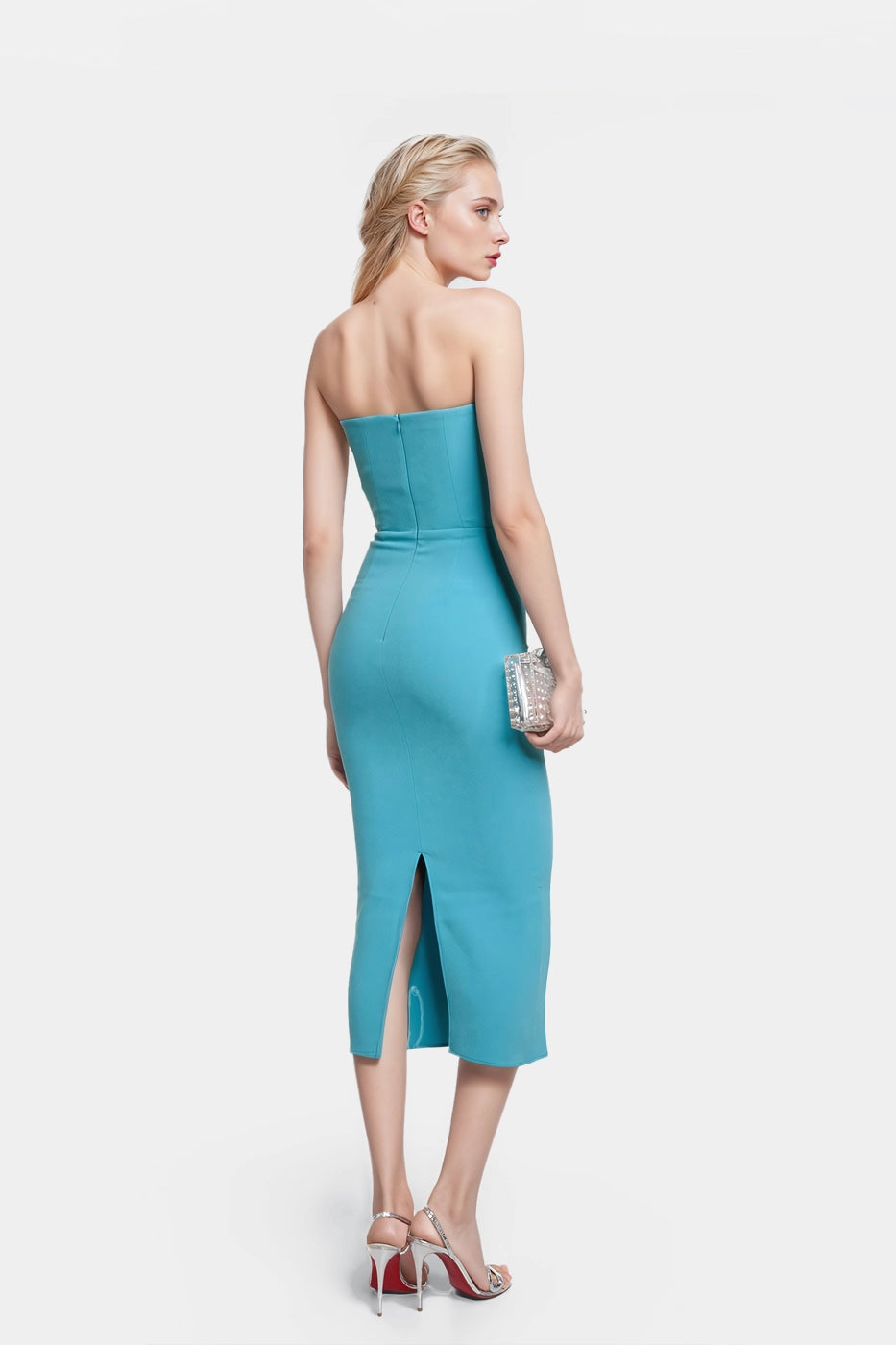 Off-shoulder blue midi dress with built-in bustier for a tailored silhouette.