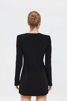 Hailey Black Dress featuring a classic square neckline and padded shoulders, perfect for modern women.