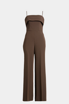 Elegant brown jumpsuit featuring on-seam hip pockets and a back zip closure.