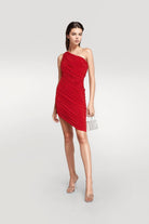 Elegant off shoulder red mini dress perfect for special occasions.