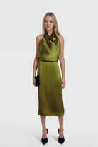 Ella Halterneck Silk Satin Midi Dress in olive showcasing a sleeveless design.