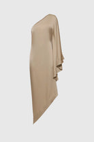 Luxurious flared maxi dress made of silk satin, perfect for special occasions.