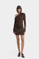 Ivy Draped One-Shoulder Jersey Minidress in brown showcasing elegant side draping.