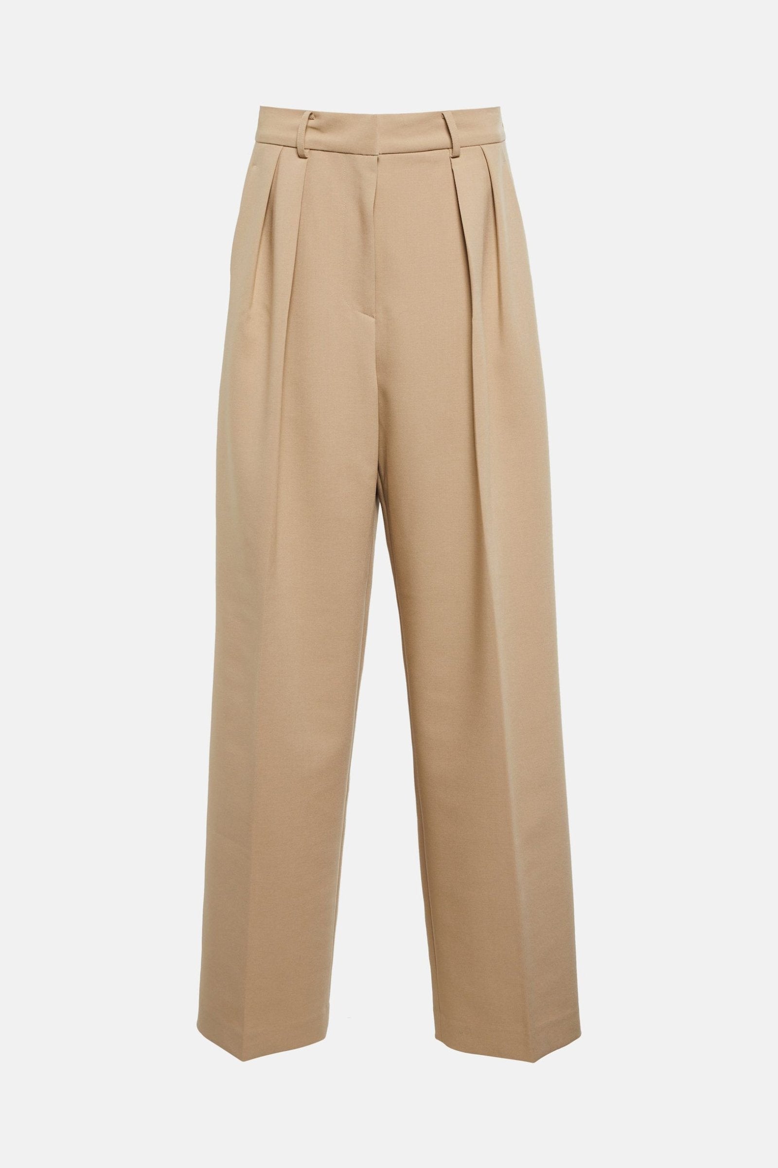 Pleated straight pants in beige, crafted from high-quality polyester crepe fabric.