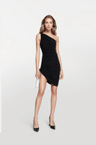 Chic black mini dress crafted from stretch jersey fabric.