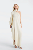 Zoey Crepe Cady Gown in cream with a flared design and elegant one-shoulder neckline.