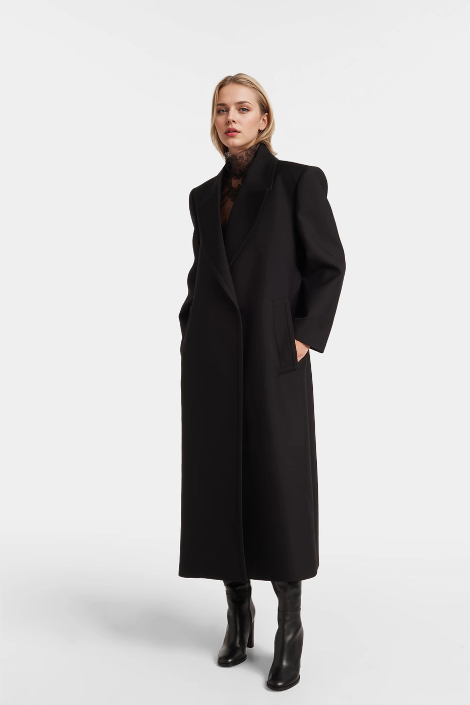 Elegant midi coat lined with 100% viscose for added comfort, perfect for winter layering.